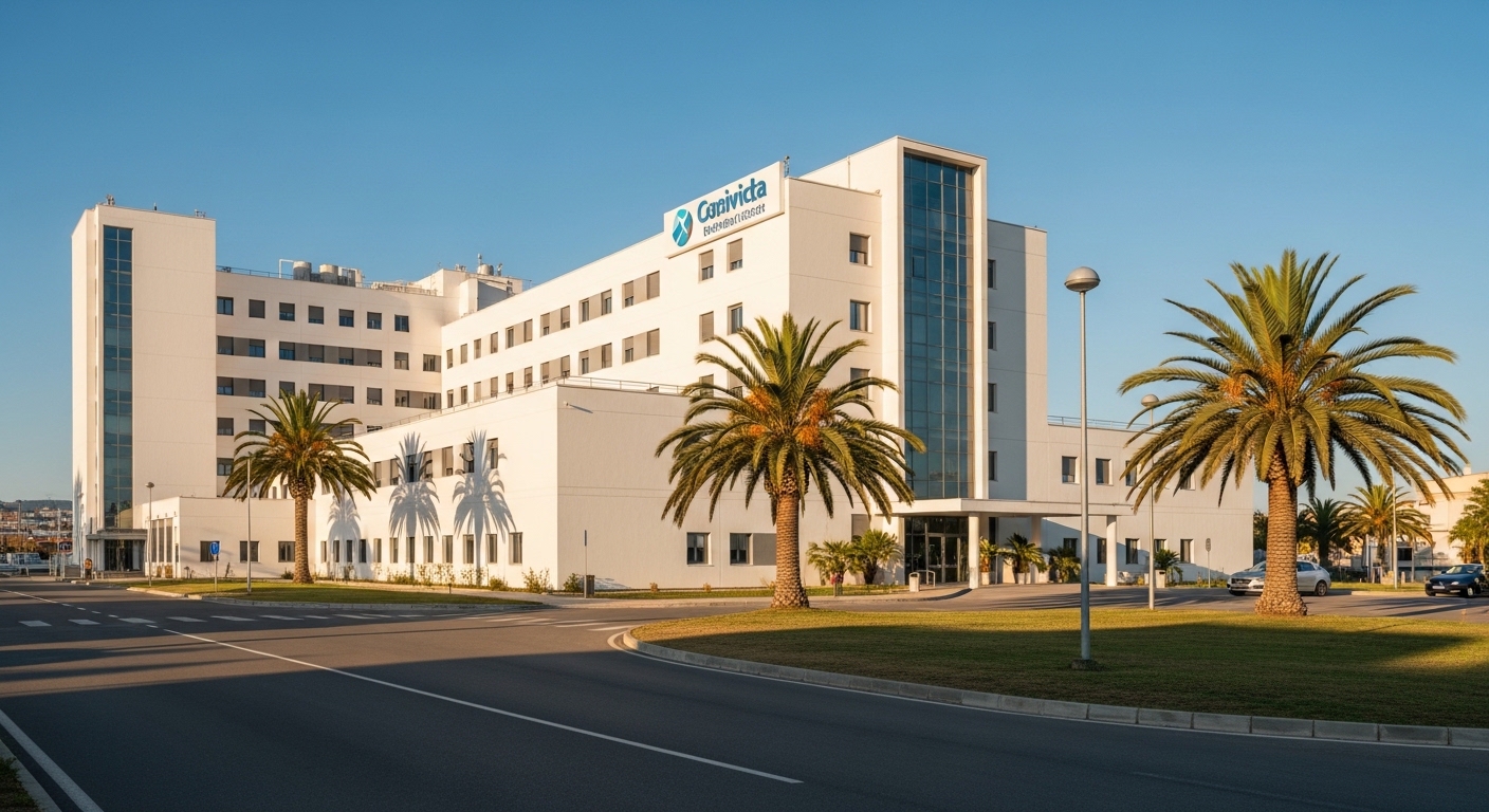Edificio de hospital moderno en España con palmeras y arquitectura mediterránea