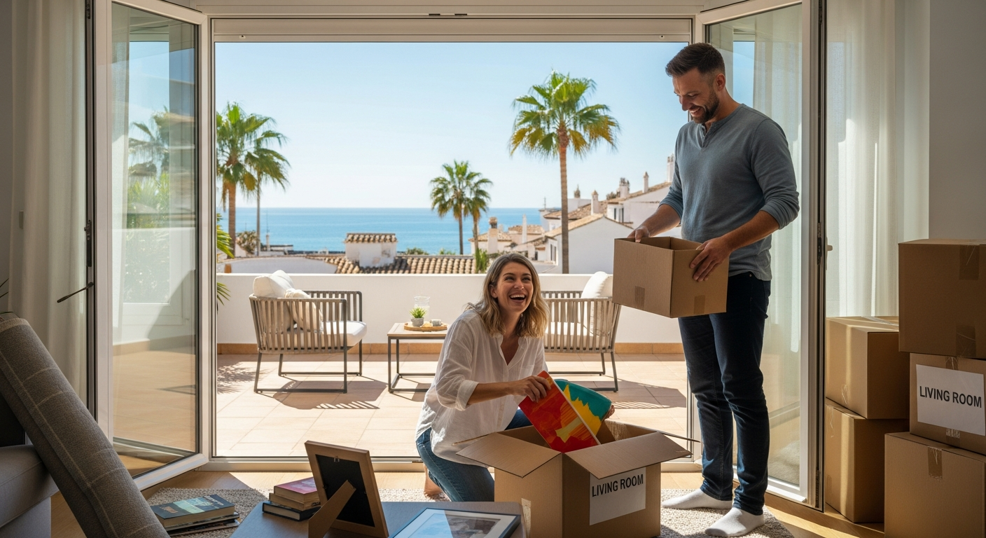 Familia sueca en una terraza del sur de España con vistas al Mediterráneo — nueva vida en España