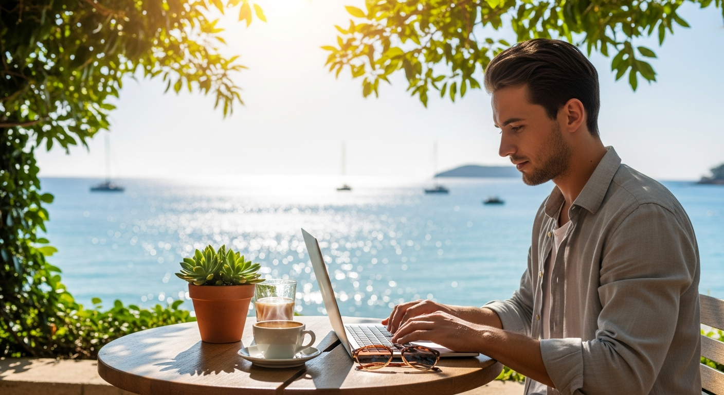 Nómada digital trabajando con un portátil en una terraza soleada de un café en Valencia, España