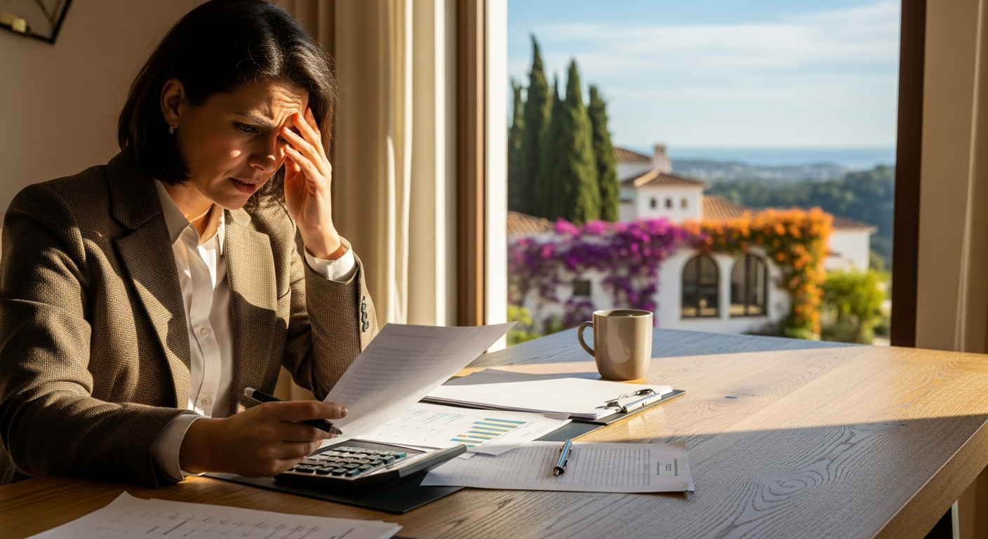 Couple reviewing property documents with a Spanish lawyer at a notary office