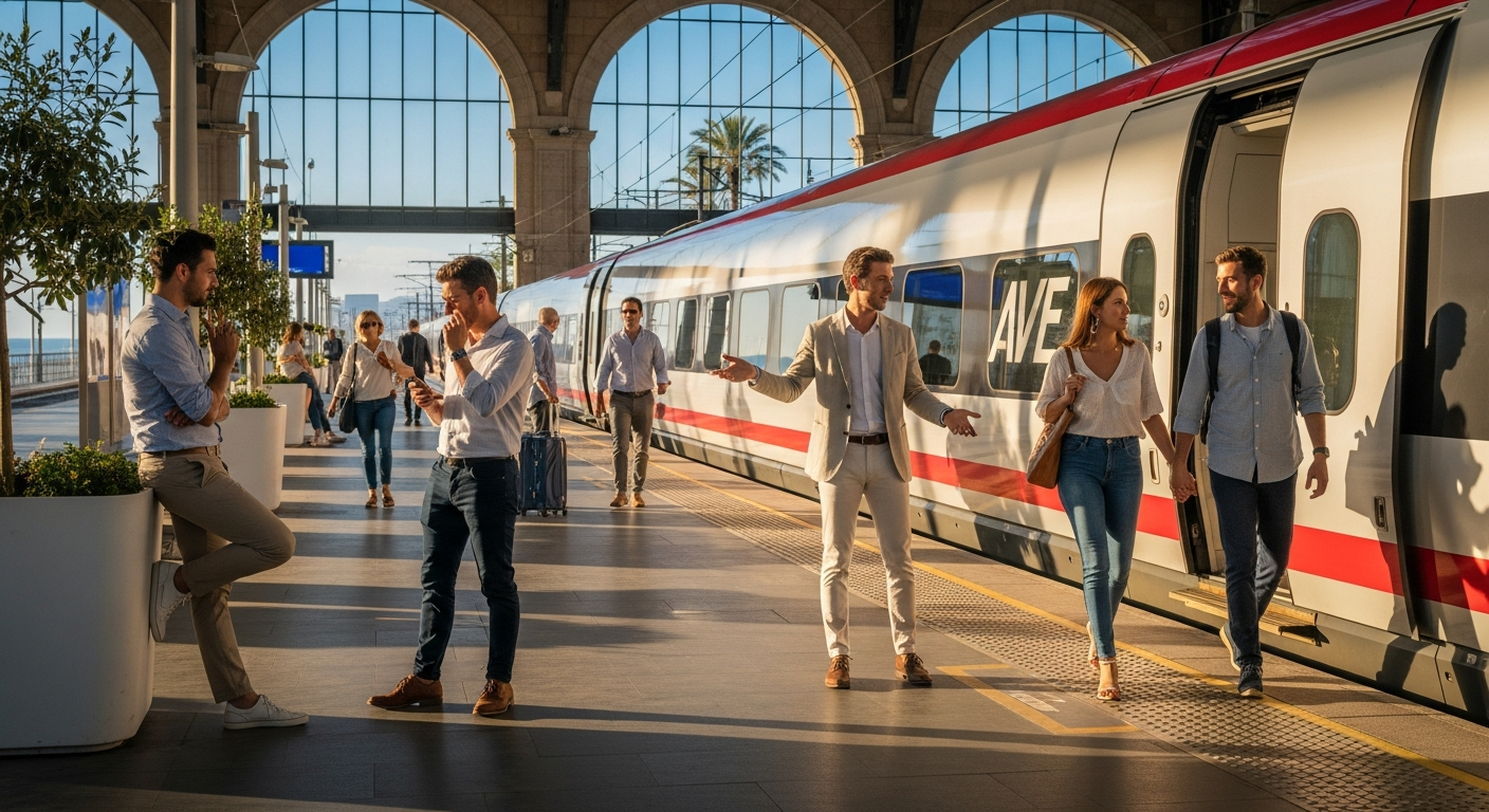 Испанская автострада с дорожными знаками и поездом RENFE на заднем плане
