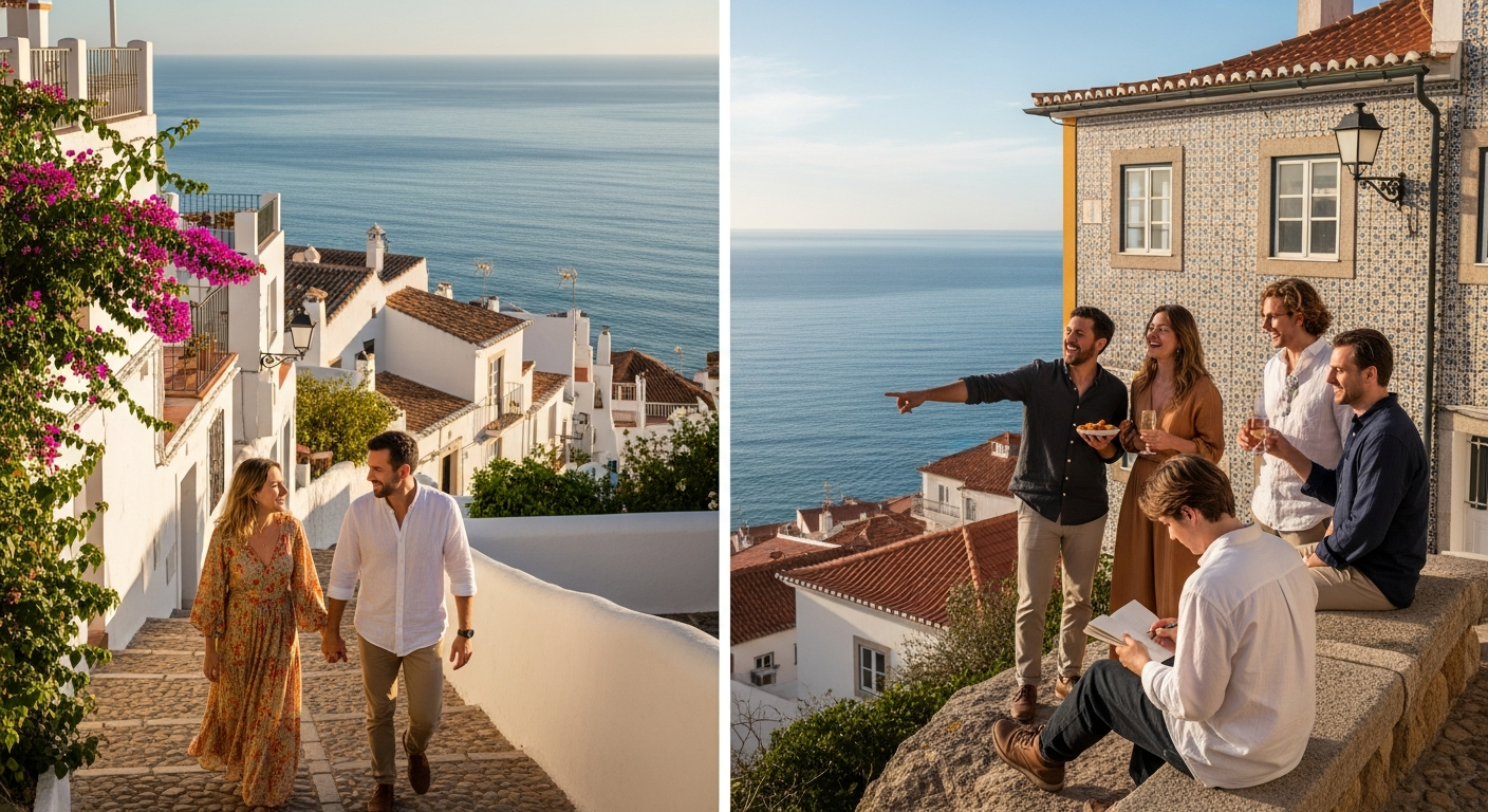 Delad vy av en vit spansk by till vänster och en portugisisk byggnad med azulejos till höger med havet i bakgrunden