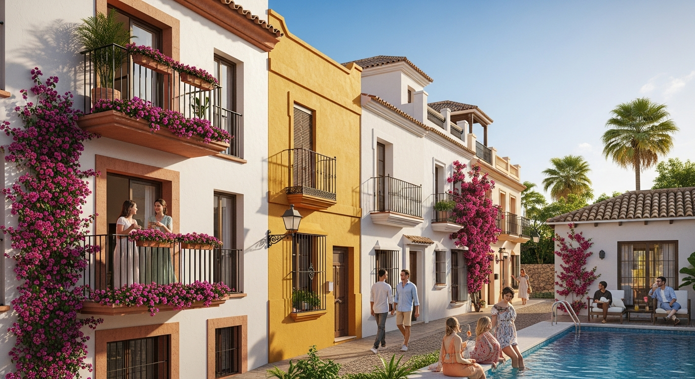 Vue aerienne montrant un immeuble d'appartements espagnol, des maisons mitoyennes et une villa avec piscine sur la Costa Blanca