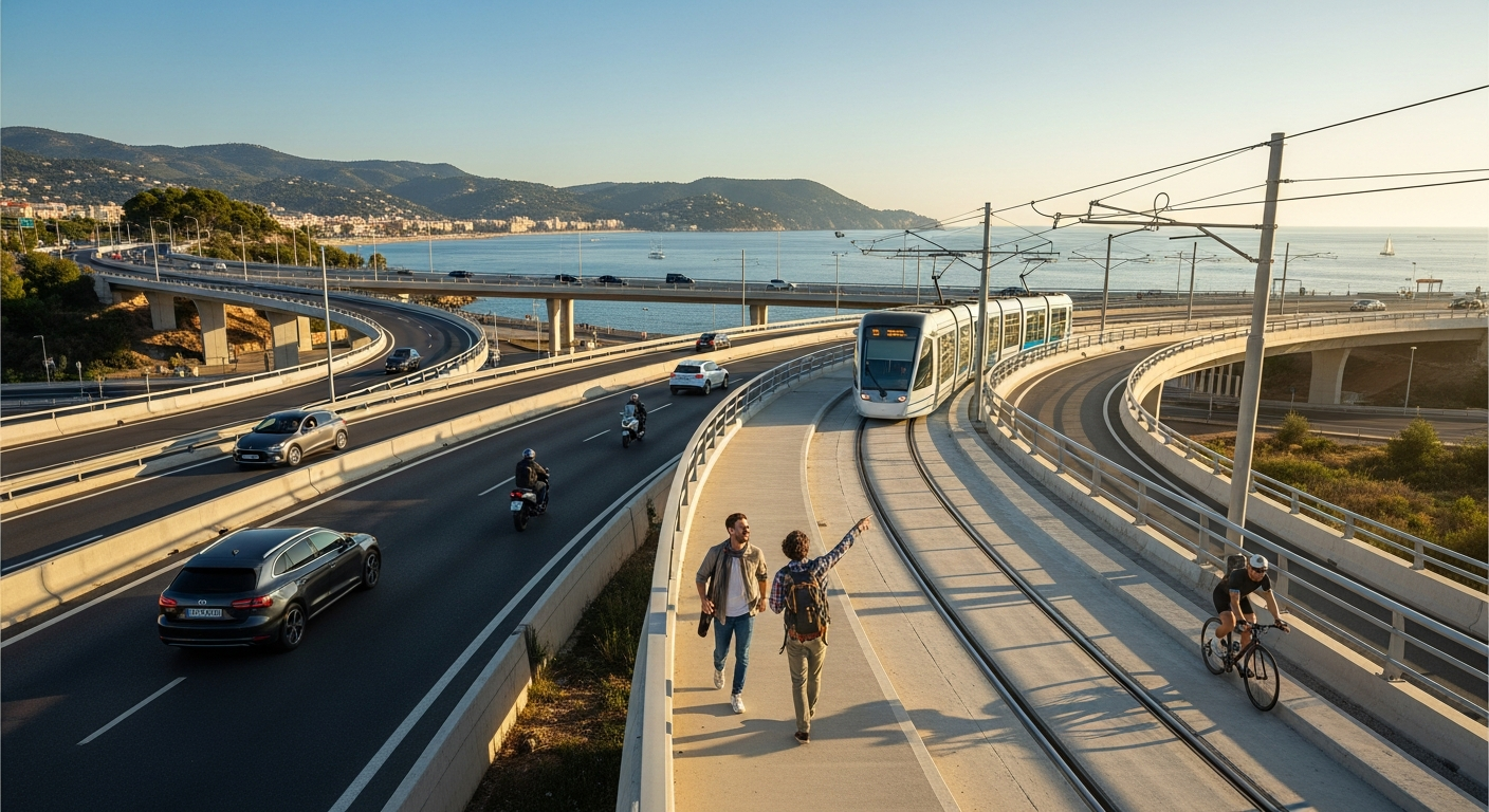 Infraestructura de autovía española moderna con costa mediterránea y grúas de construcción representando el desarrollo de infraestructuras