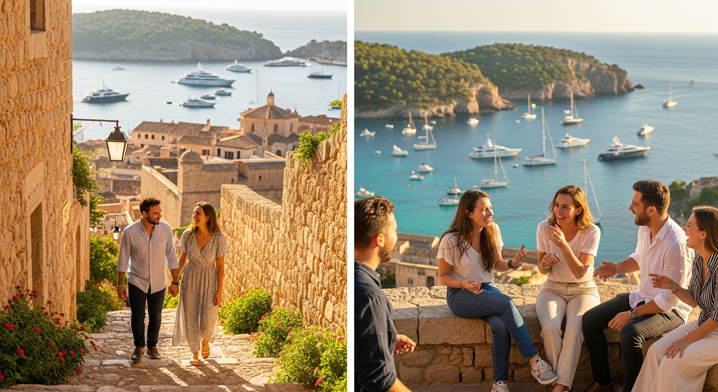 View of Dalt Vila old town in Ibiza with white houses and the cathedral overlooking the Mediterranean