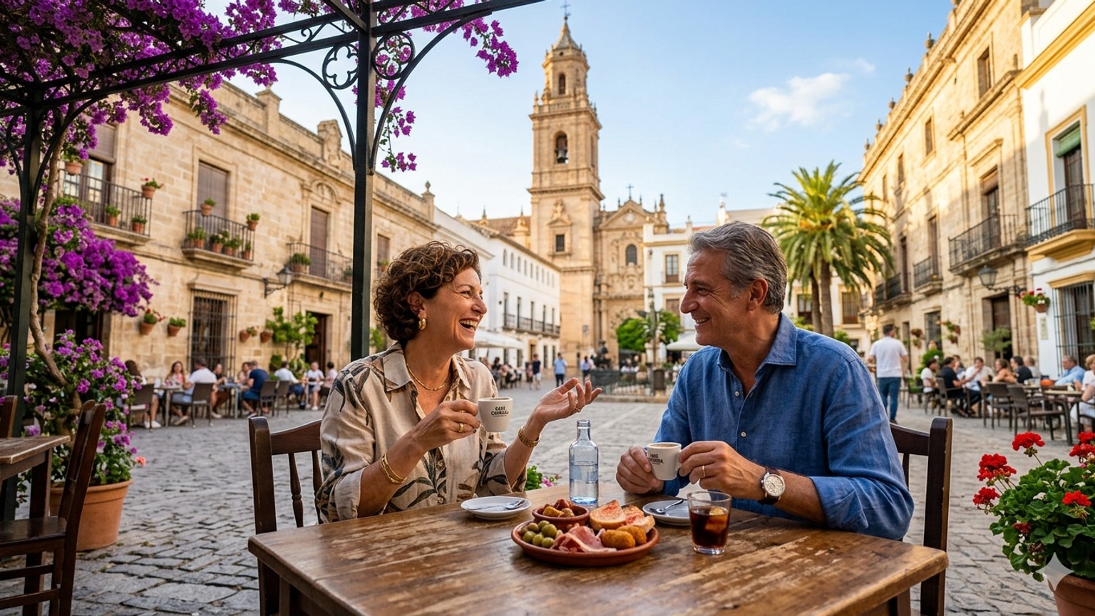 Italian couple on a sunny terrace in Spain overlooking the Mediterranean — starting a new life in Spain