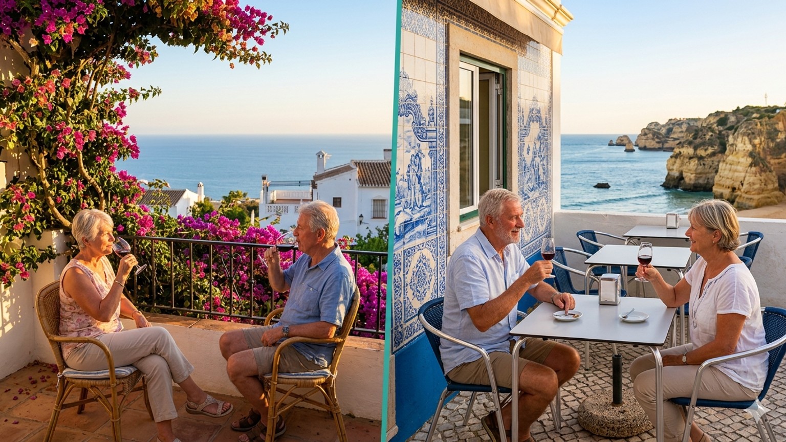 Imagen dividida de una pareja jubilada en una terraza soleada en el sur de España a la izquierda y la costa del Algarve de Portugal a la derecha