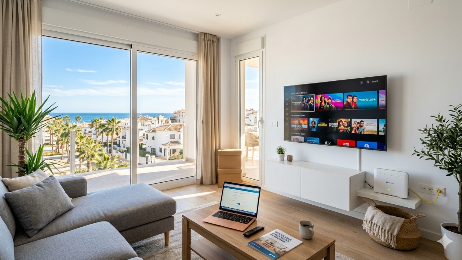 Modern living room in Spain with smart TV and fiber optic router — setting up internet and television for expats