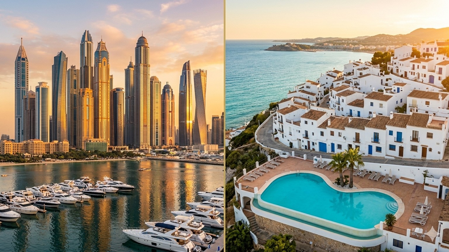 Imagen dividida mostrando una villa mediterranea blanca con vistas al mar en Espana y un rascacielos moderno en Dubai Marina