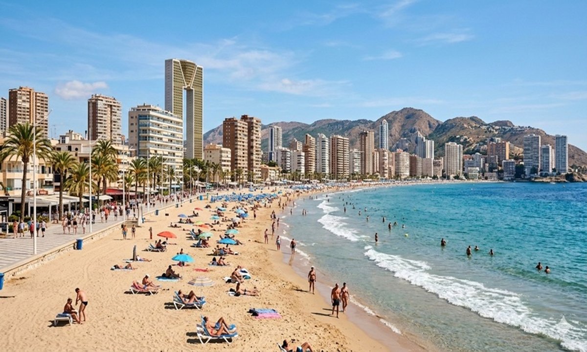 Playa de Benidorm con sol, nubes y indicadores de temperaturas estacionales