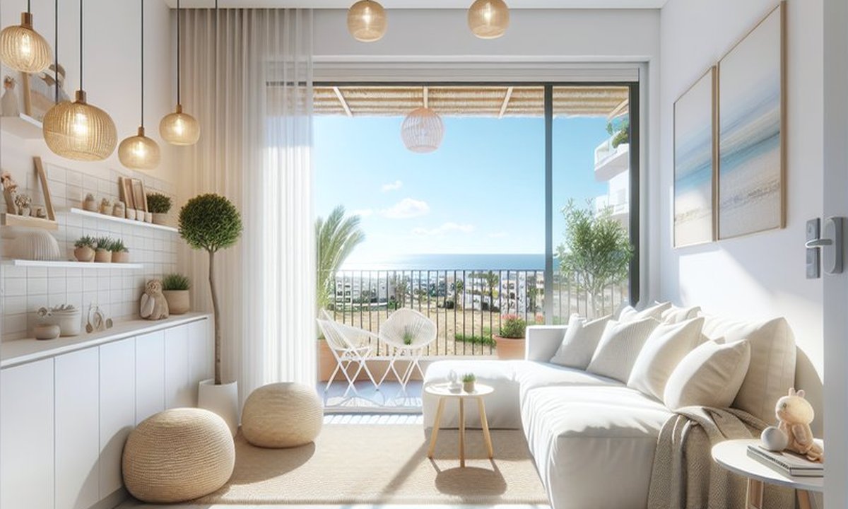 Estudio luminoso en Torrevieja con vista al mar Mediterráneo desde el balcón