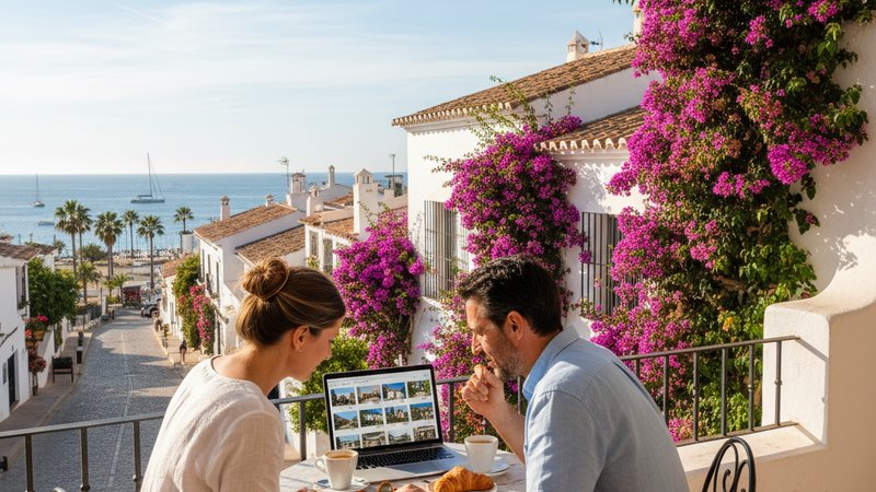 Pareja buscando inmuebles en Idealista España en la terraza de un café mediterráneo