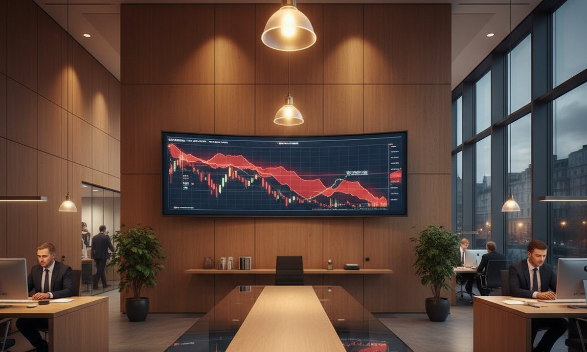 Tipos de interés hipotecarios España 2026 — gráfico del EURIBOR en la pantalla de una oficina bancaria