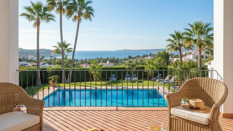 Terraza de un apartamento en la Costa Blanca con piscina y vistas al mar — vida asequible