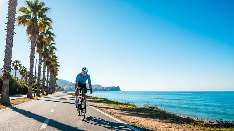 Cyclist riding along scenic coastal cycling path on the Costa Blanca with palm trees and sea views