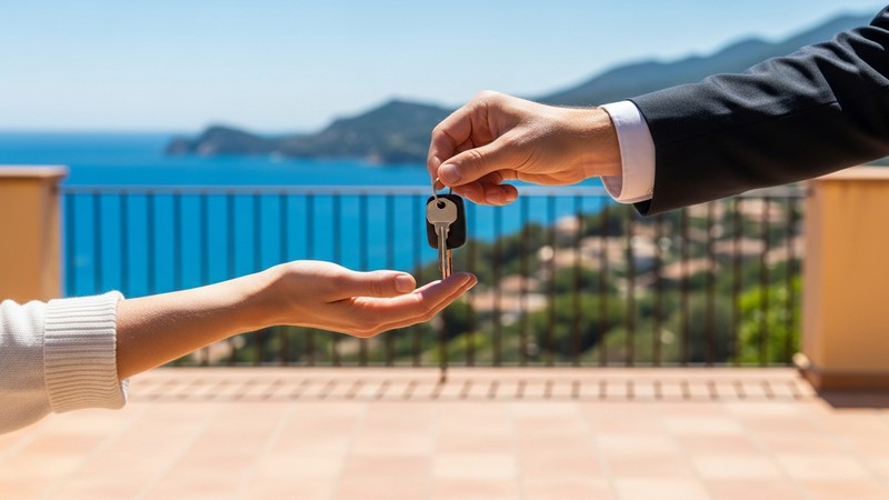 Entrega de llaves de una propiedad con vistas al mar Mediterráneo desde la terraza — culminación de la compra de un inmueble en España
