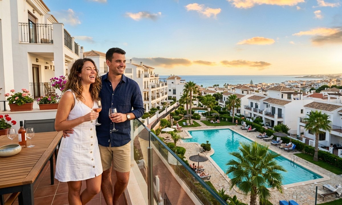 Residential complex with swimming pool in Guardamar del Segura with pine forest backdrop