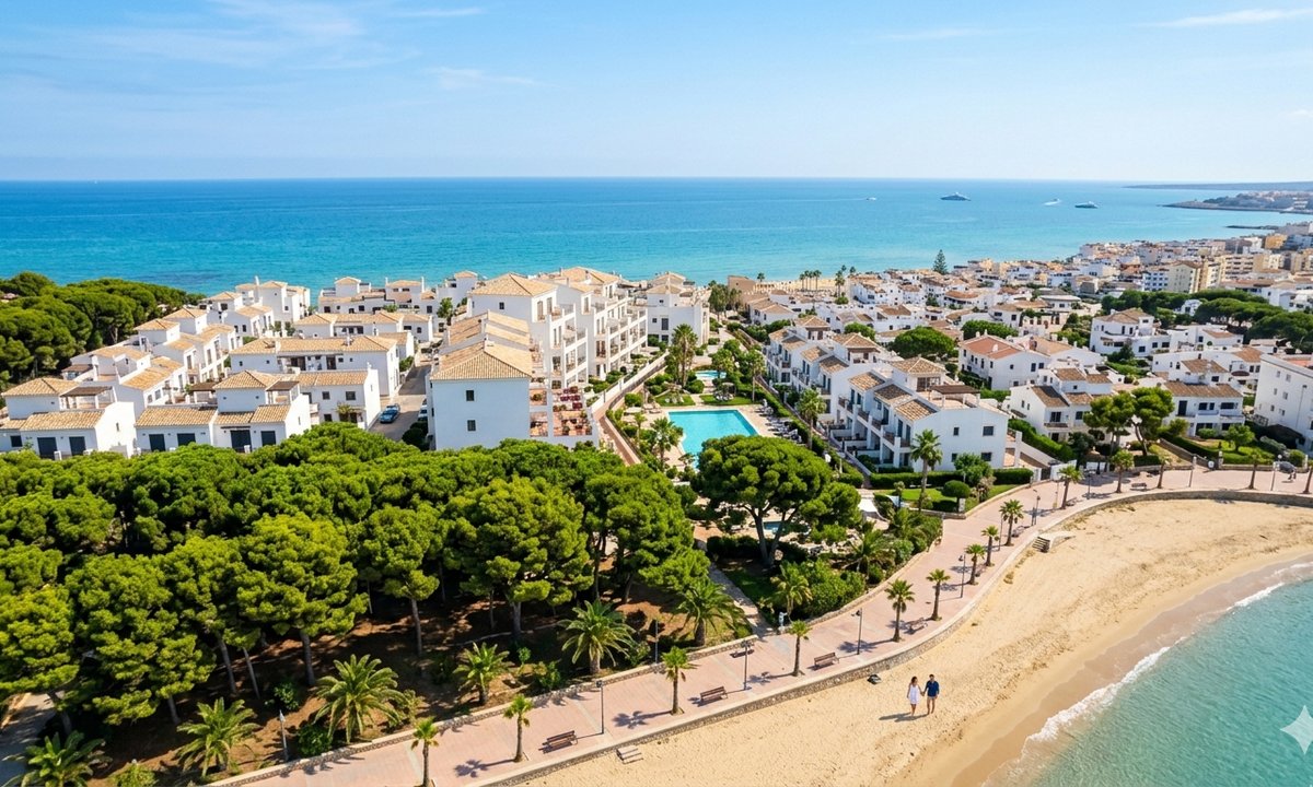 Panoramic view of Guardamar del Segura with pine forest and beach