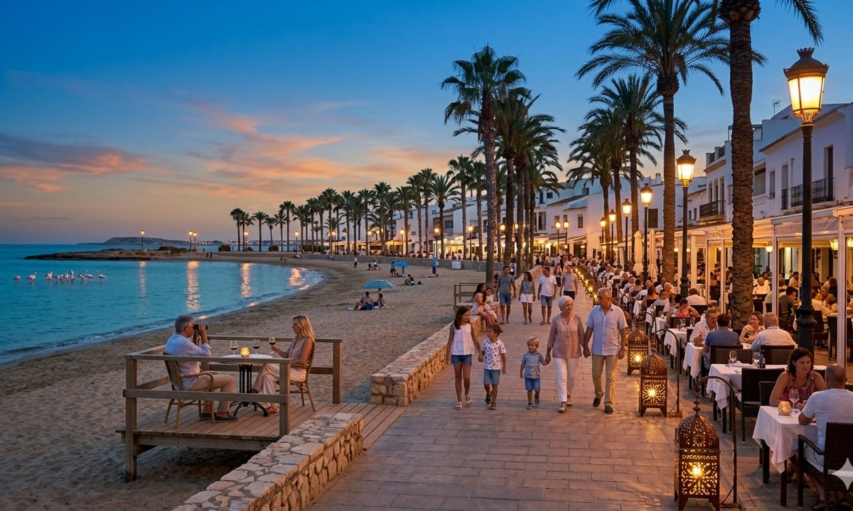 La Mata promenade with restaurants and palm trees in evening light
