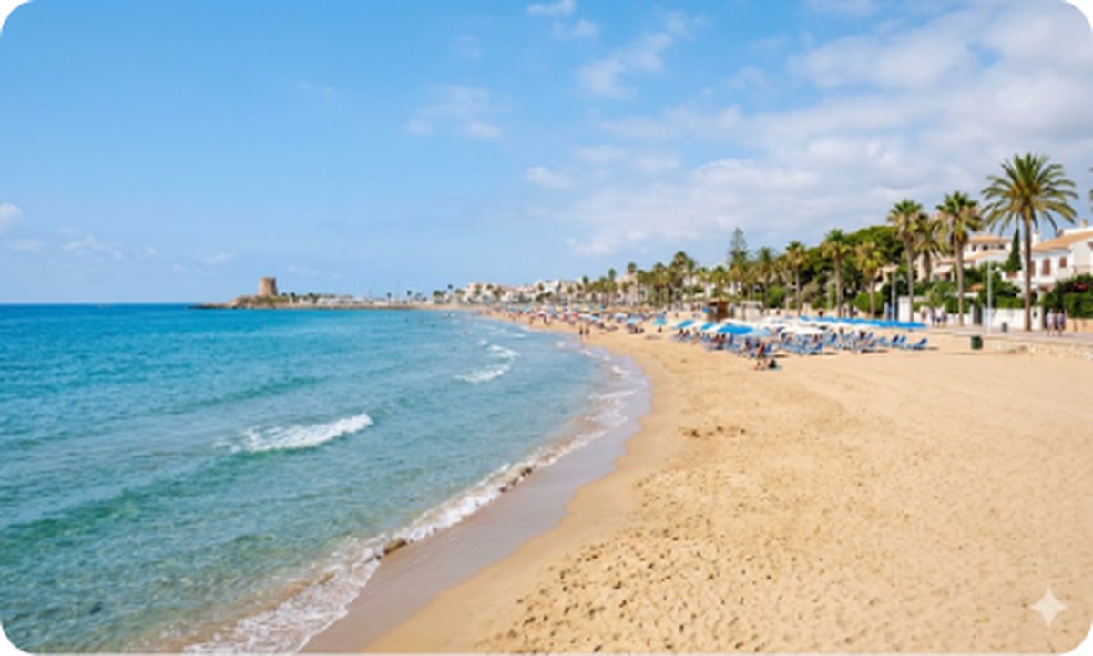 Sandy beach of Torre de la Horadada with turquoise water and distant marina