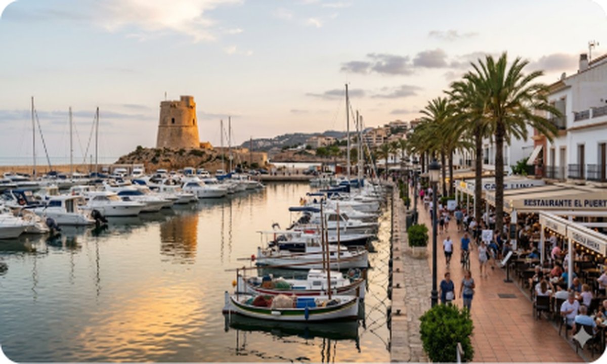 Марина Торре-де-ла-Орадада с яхтами и прибрежными ресторанами