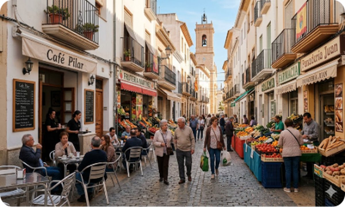 Площадь в центре Пилар-де-ла-Орадада с кафе и пальмами