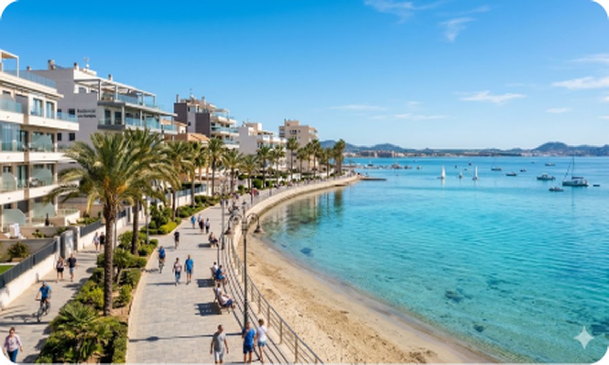 Панорамный вид на набережную Лос-Алькасареса вдоль лагуны Мар-Менор