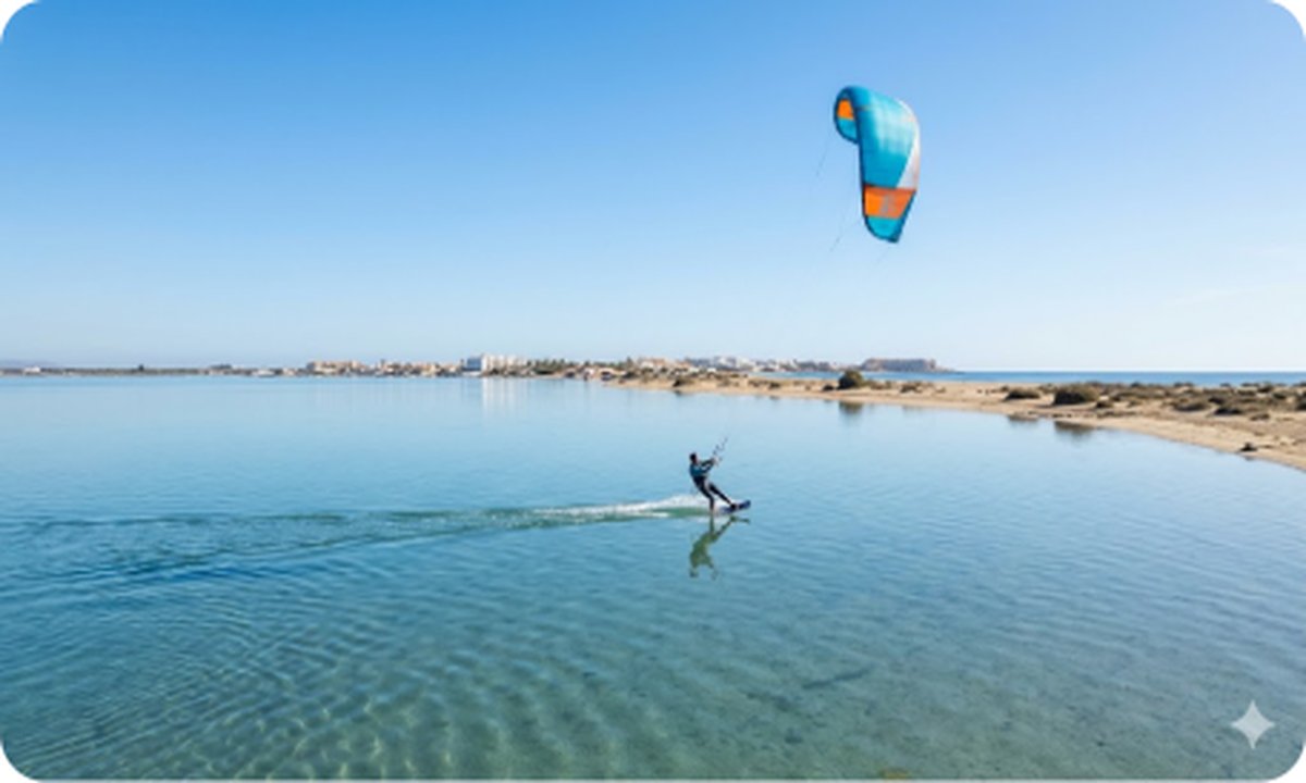 Kitesurfers on Mar Menor lagoon with La Manga sandbar in the background