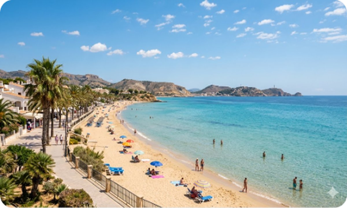 Lugn strand i Los Alcázares vid Mar Menor-lagunen med klart vatten