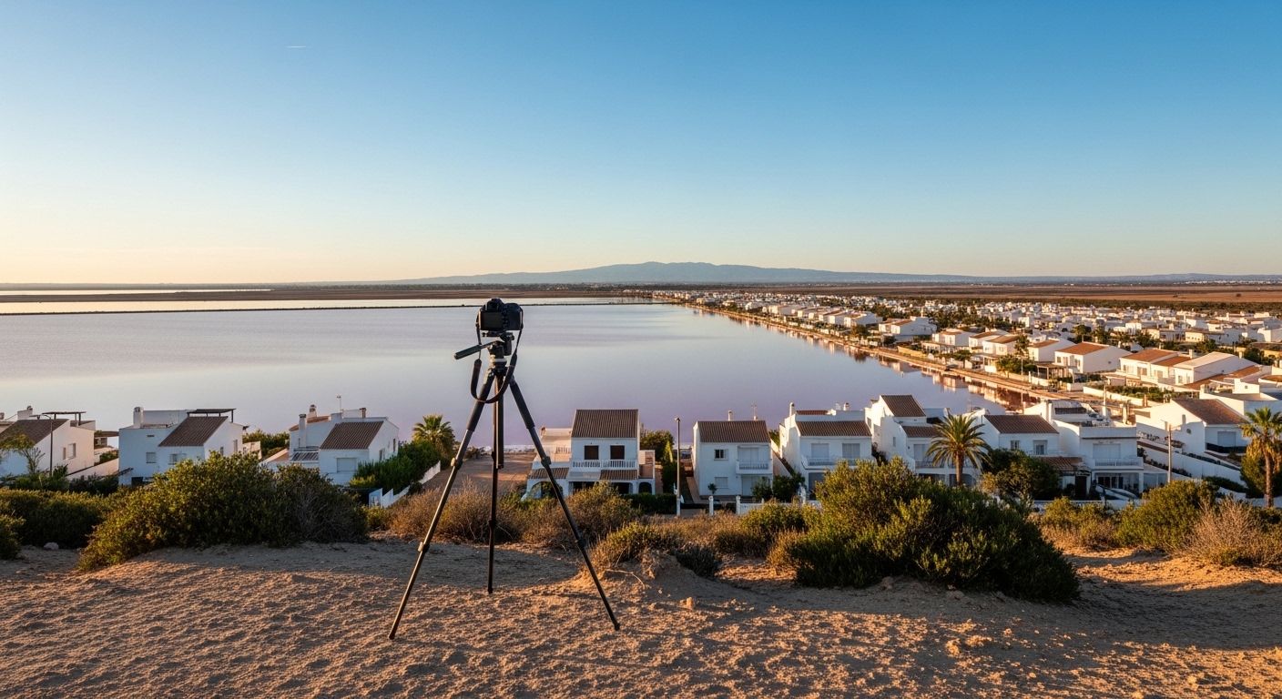 Pink salt lake and white residential buildings in Torrevieja Costa Blanca Spain